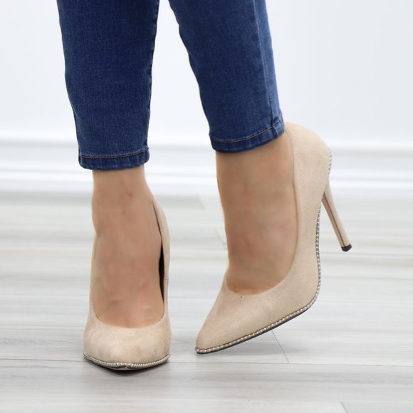 Nude Suede High Heel Pumps With Studs - Picture 6 of 11